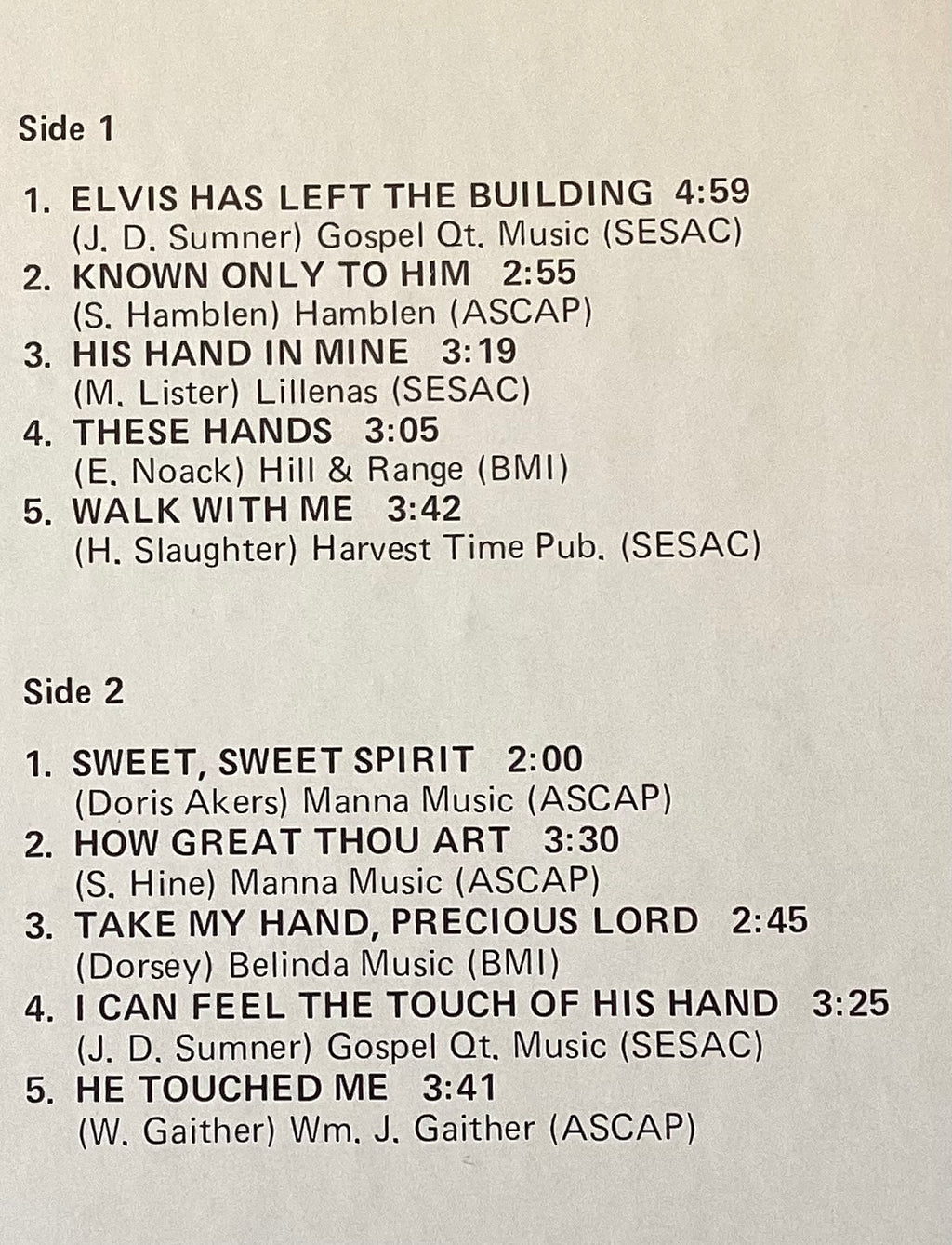 Elvis Presley on LP QCA 362: Elvis’ Favorite Gospel Songs; E/V+