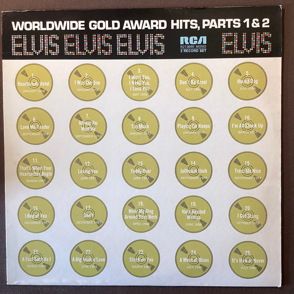 Elvis Presley on LP RCA R213690:  Worldwide Gold Award Hits Parts 1 and 2; E/V+