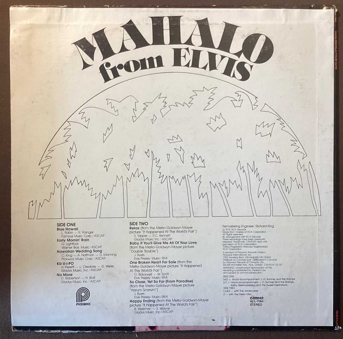 Elvis Presley on LP Pickwick ACL-7064: Mahalo from Elvis; E/V