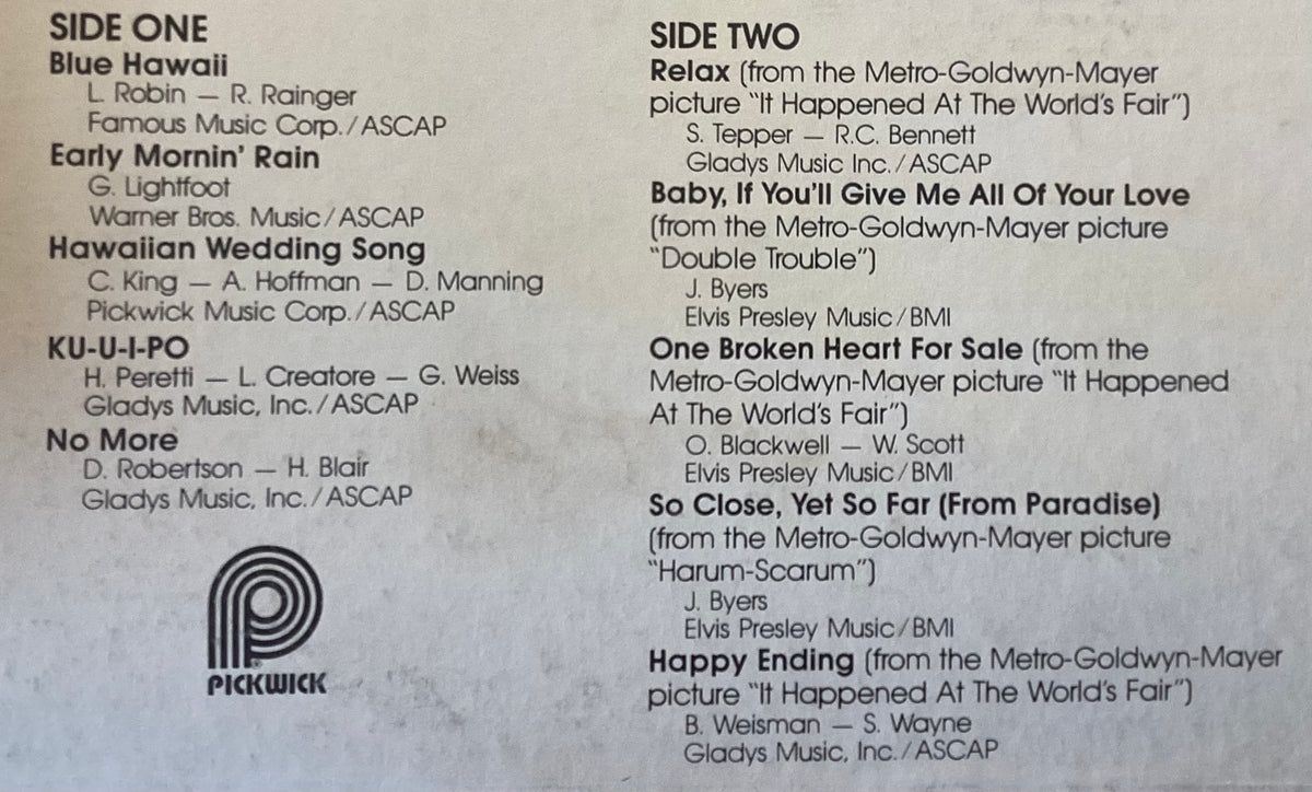 Elvis Presley on LP Pickwick ACL-7064: Mahalo from Elvis; E/V
