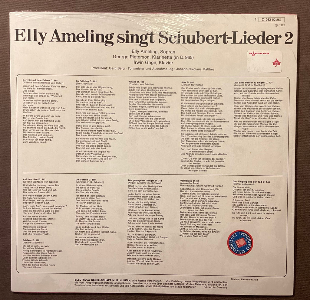 AMELING, Elly – LP Odeon C063-02 253: Elly Ameling singt Schubert; M/NM  Disc in M condition, cover NM. In original shrink wrap.
