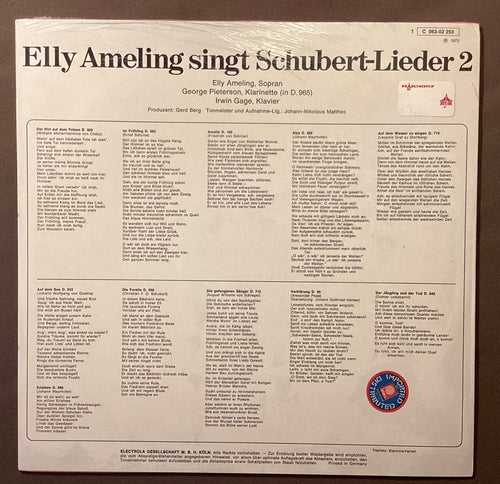 AMELING, Elly – LP Odeon C063-02 253: Elly Ameling singt Schubert; M/NM  Disc in M condition, cover NM. In original shrink wrap.