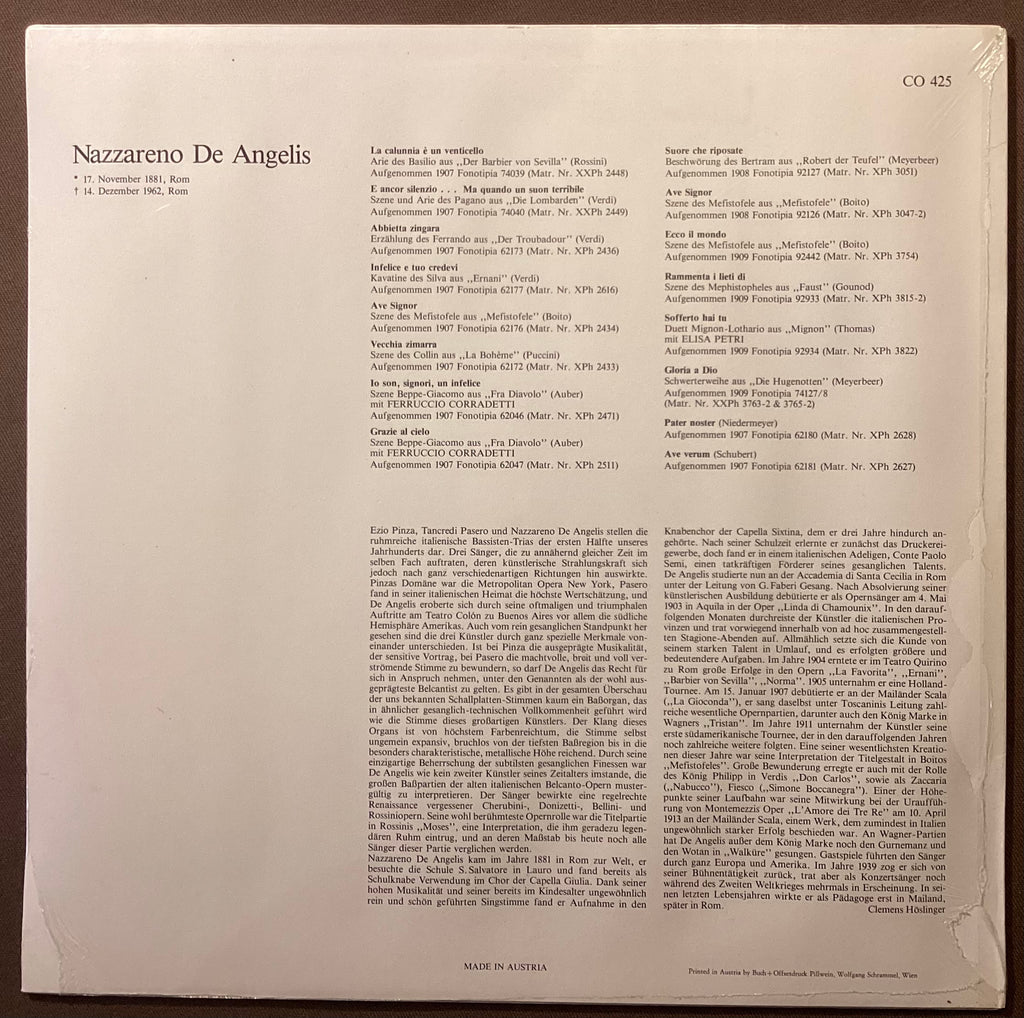 DE ANGELIS, Nazzareno – LP Court Opera Classics CO425: self titled; M/NM
