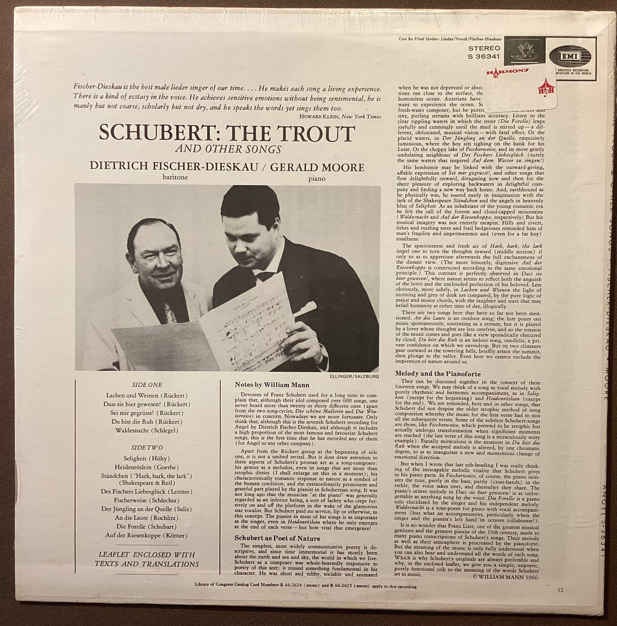 FISCHER-DIESKAU, Dietrich – LP S36341: SCHUBERT The Trout and Other Songs; M/NM