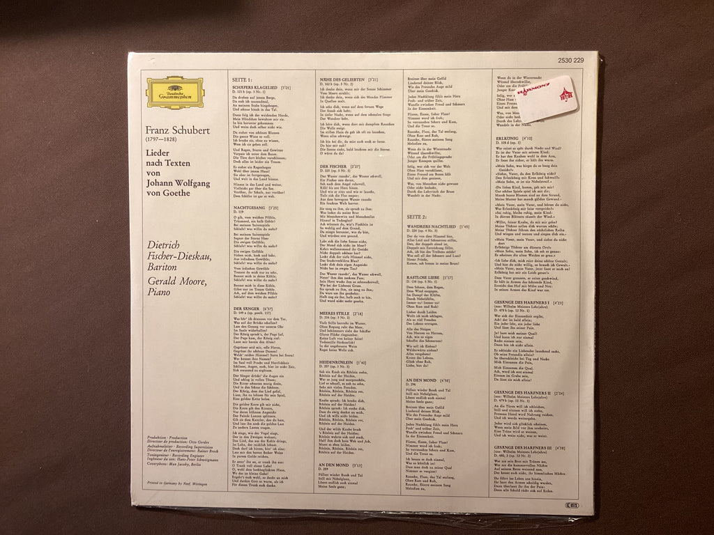 FISCHER-DIESKAU, Dietrich – LP Deutsche Grammophon 2530 229: SCHUBERT Lieder nach Techten von Goethe; M/NM