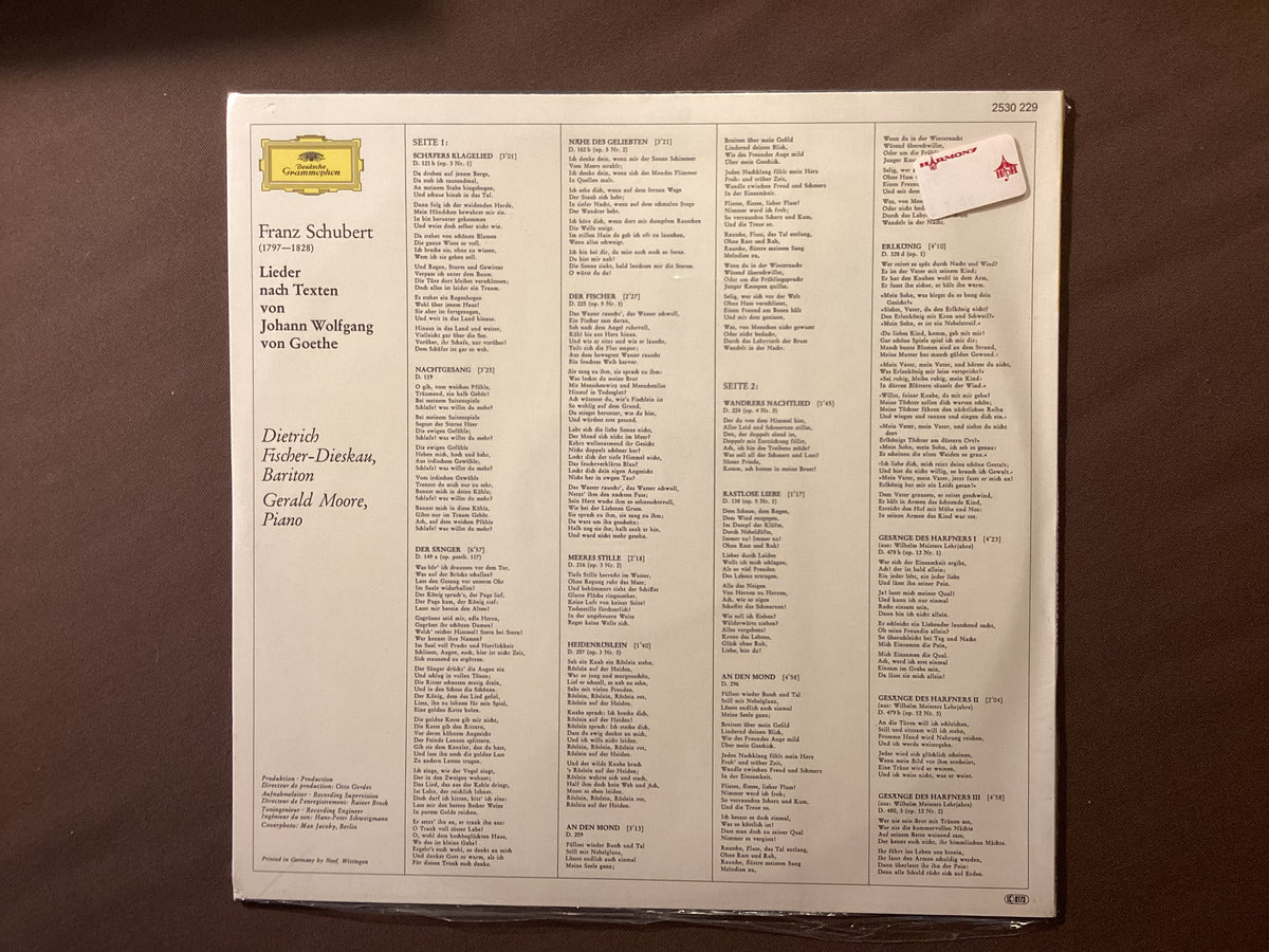 FISCHER-DIESKAU, Dietrich – LP Deutsche Grammophon 2530 229: SCHUBERT Lieder nach Techten von Goethe; M/NM