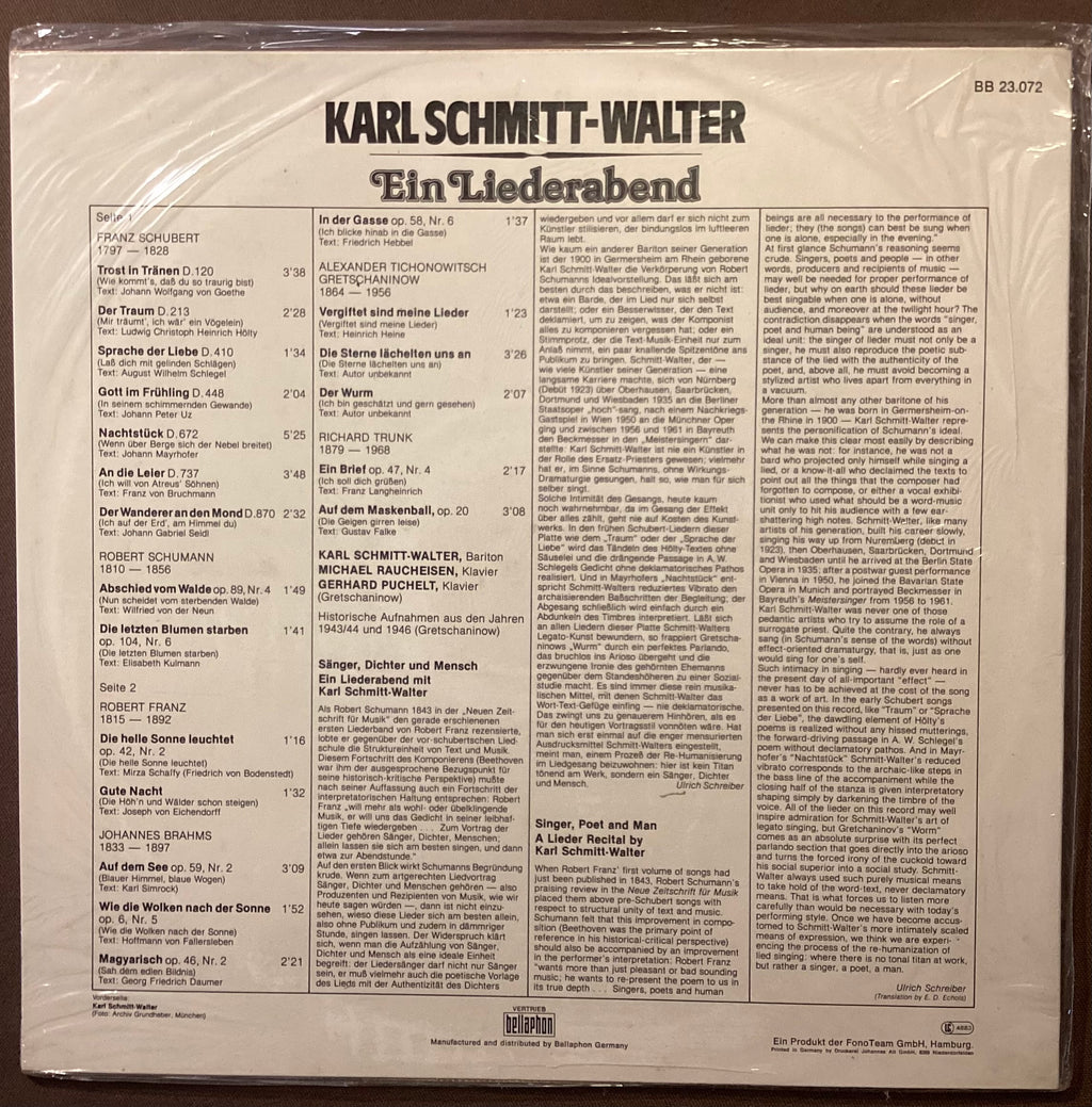 SCHMITT-WALTER, Karl – LP Bellaphon 23.072: Ein Liederabend; M/NM