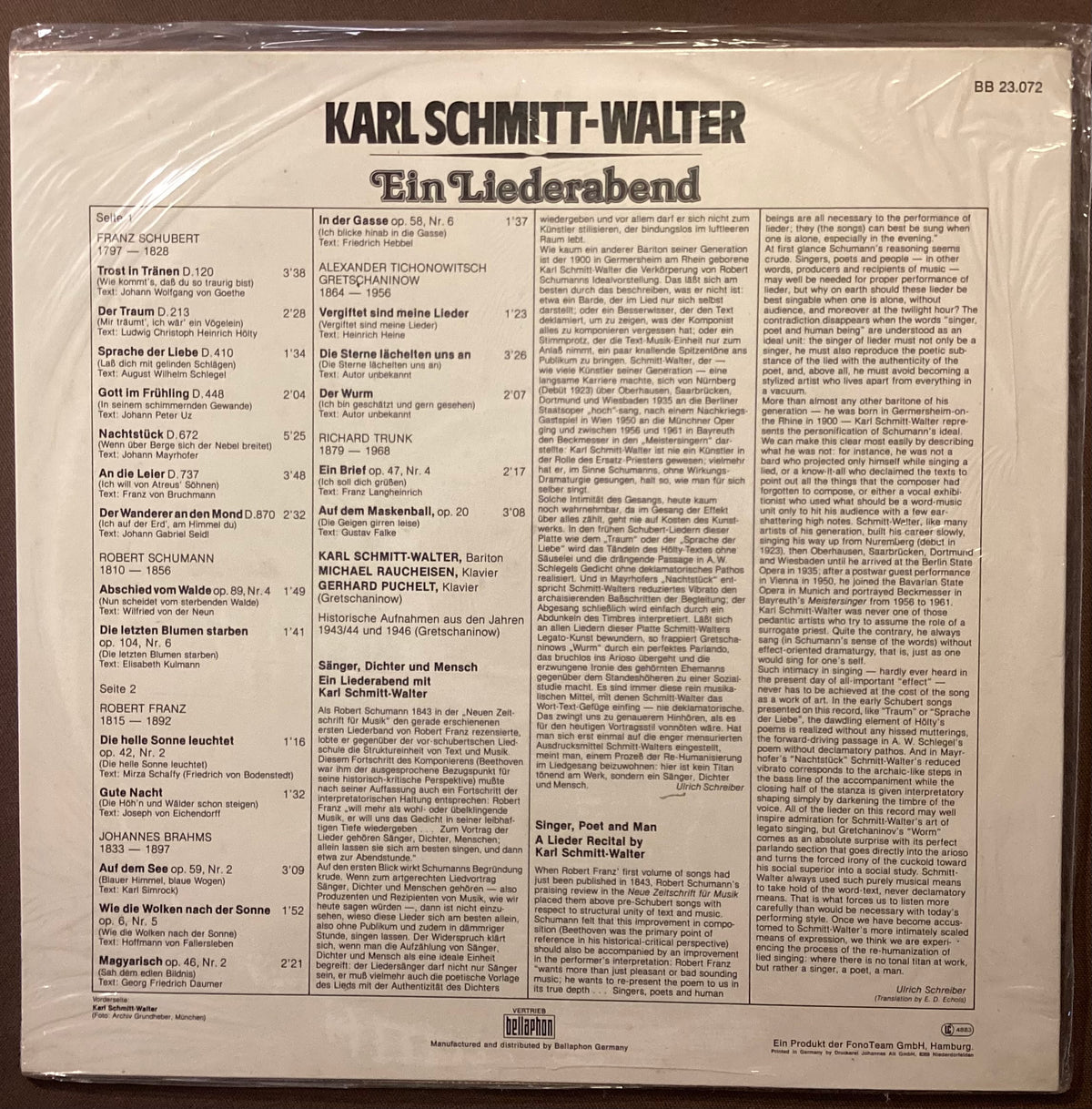 SCHMITT-WALTER, Karl – LP Bellaphon 23.072: Ein Liederabend; M/NM