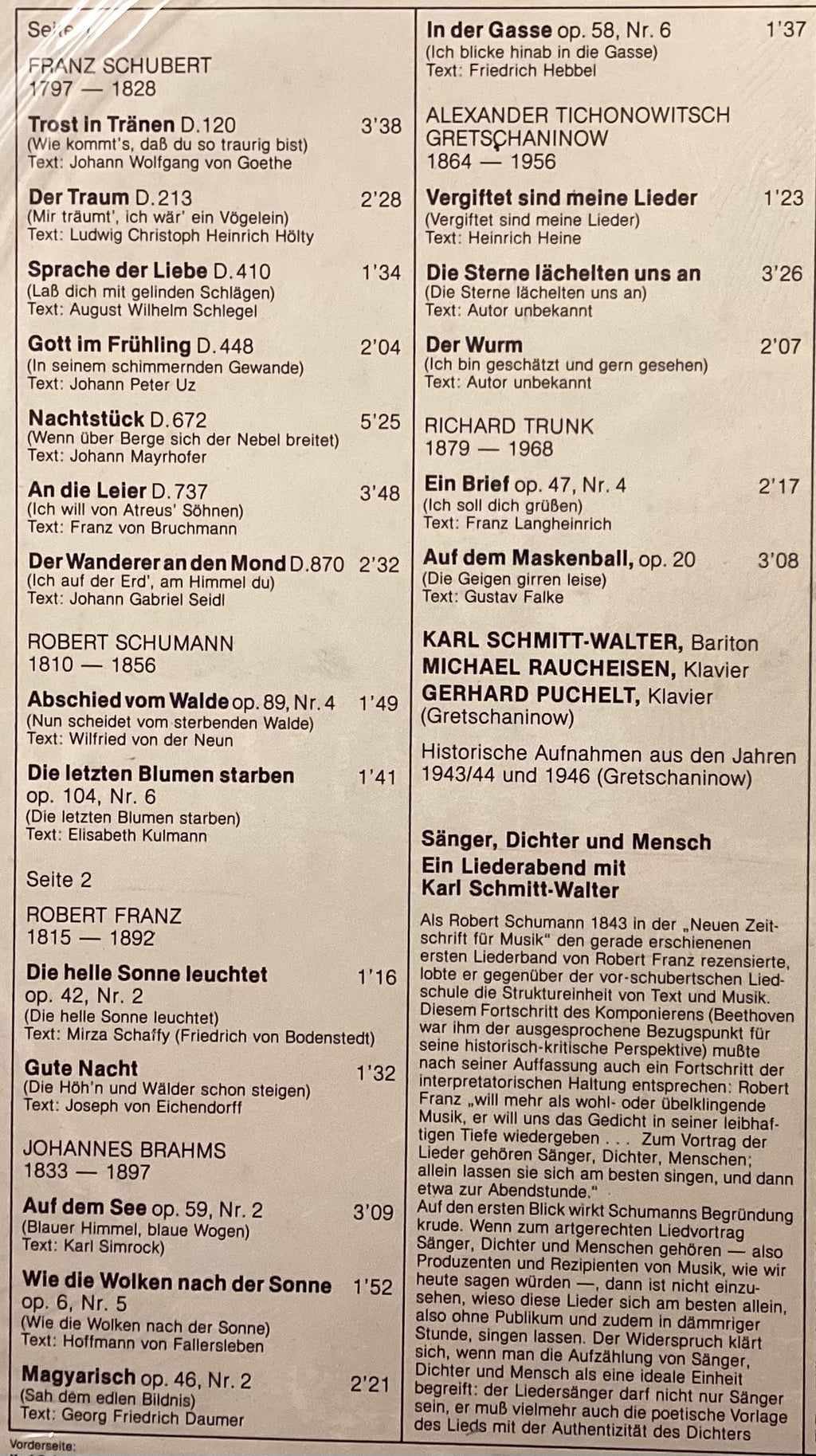 SCHMITT-WALTER, Karl – LP Bellaphon 23.072: Ein Liederabend; M/NM