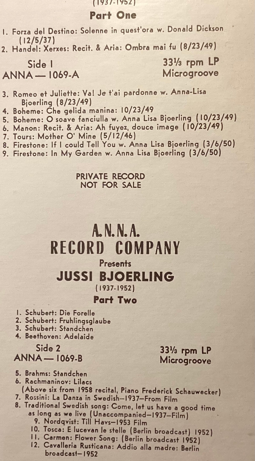 BJOERLING, Jussi – LP ANNA 1069: self titled parts 1 and 2; M/NM