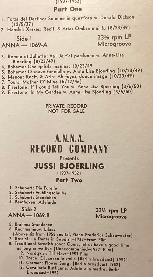 BJOERLING, Jussi – LP ANNA 1069: self titled parts 1 and 2; M/NM