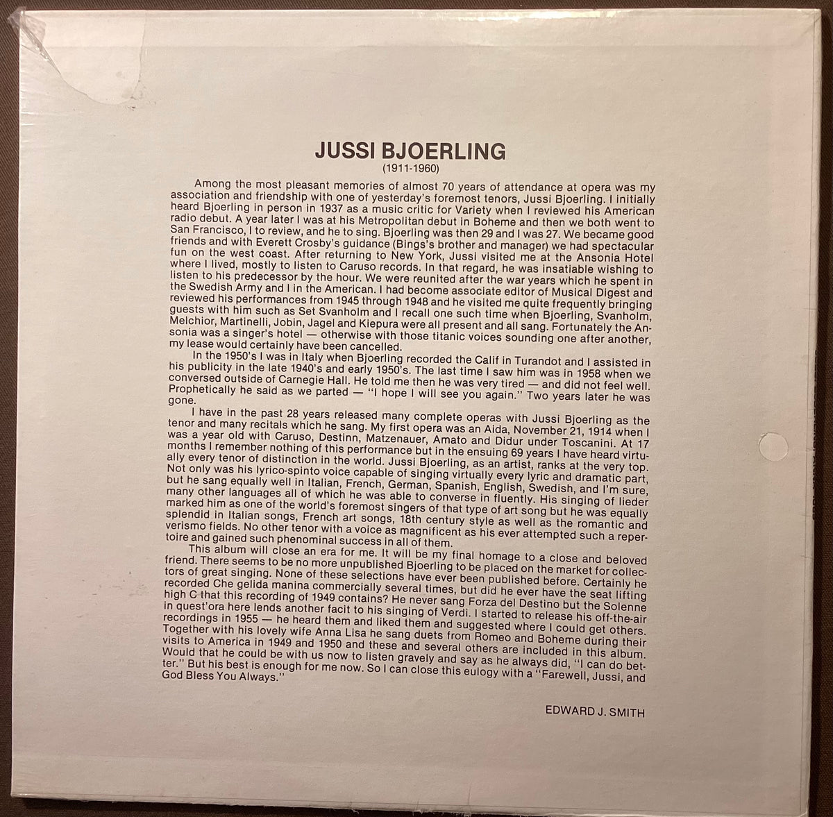 BJOERLING, Jussi – LP ANNA 1069: self titled parts 1 and 2; M/NM