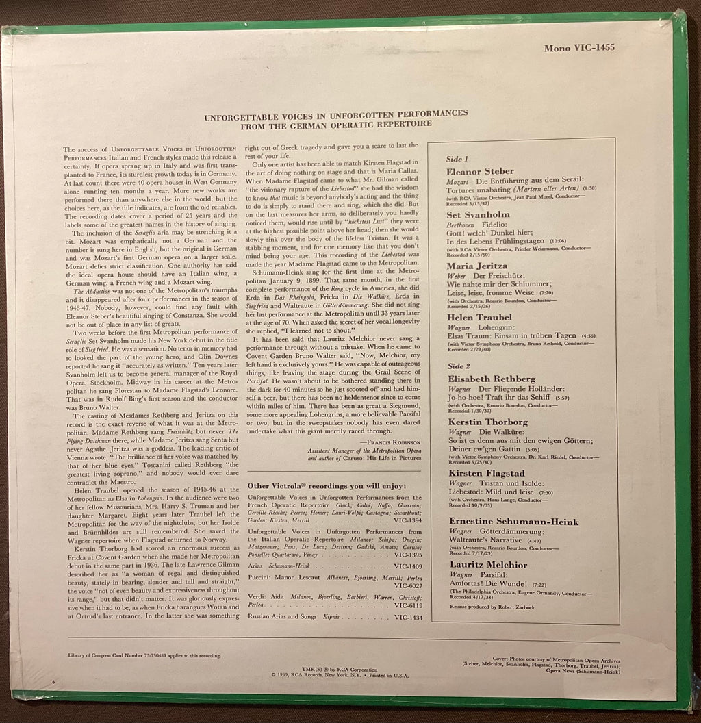 VARIOUS – LP RCA VIC-1455: Unforgettable Voices in Unforgotten Performances from the German Operatic Repertoire; M/NM