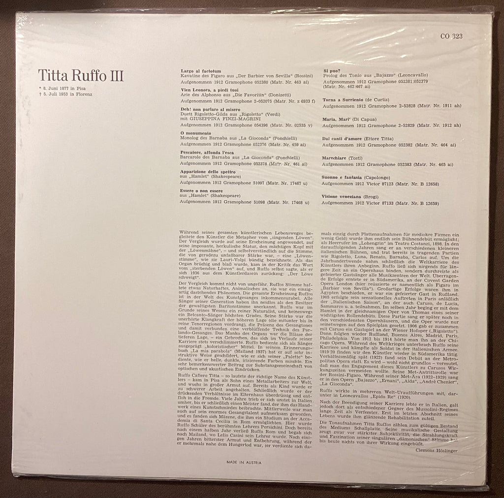 RUFFO, Titta – LP Court Opera Classics CO323: self titled; M/NM