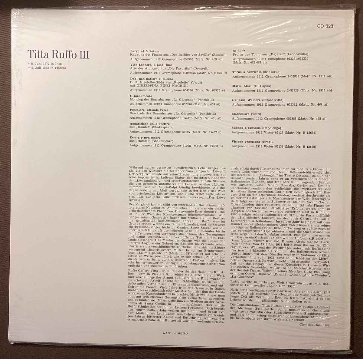 RUFFO, Titta – LP Court Opera Classics CO323: self titled; M/NM