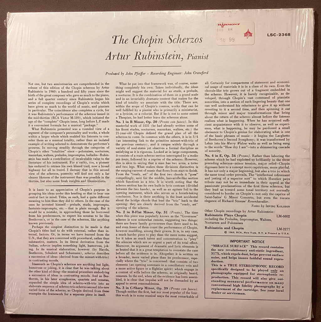 RUBINSTEIN, Artur – LP RCA Victor LSC-2368: The Chopin Scherzos; M/NM