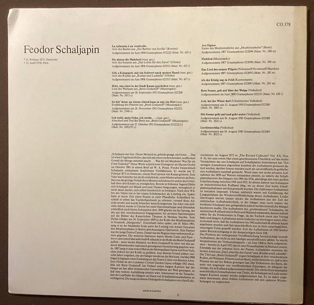 CHALIAPIN, Feodor – LP Court Opera Classics CO378: Feodor Schaljapin; M/NM