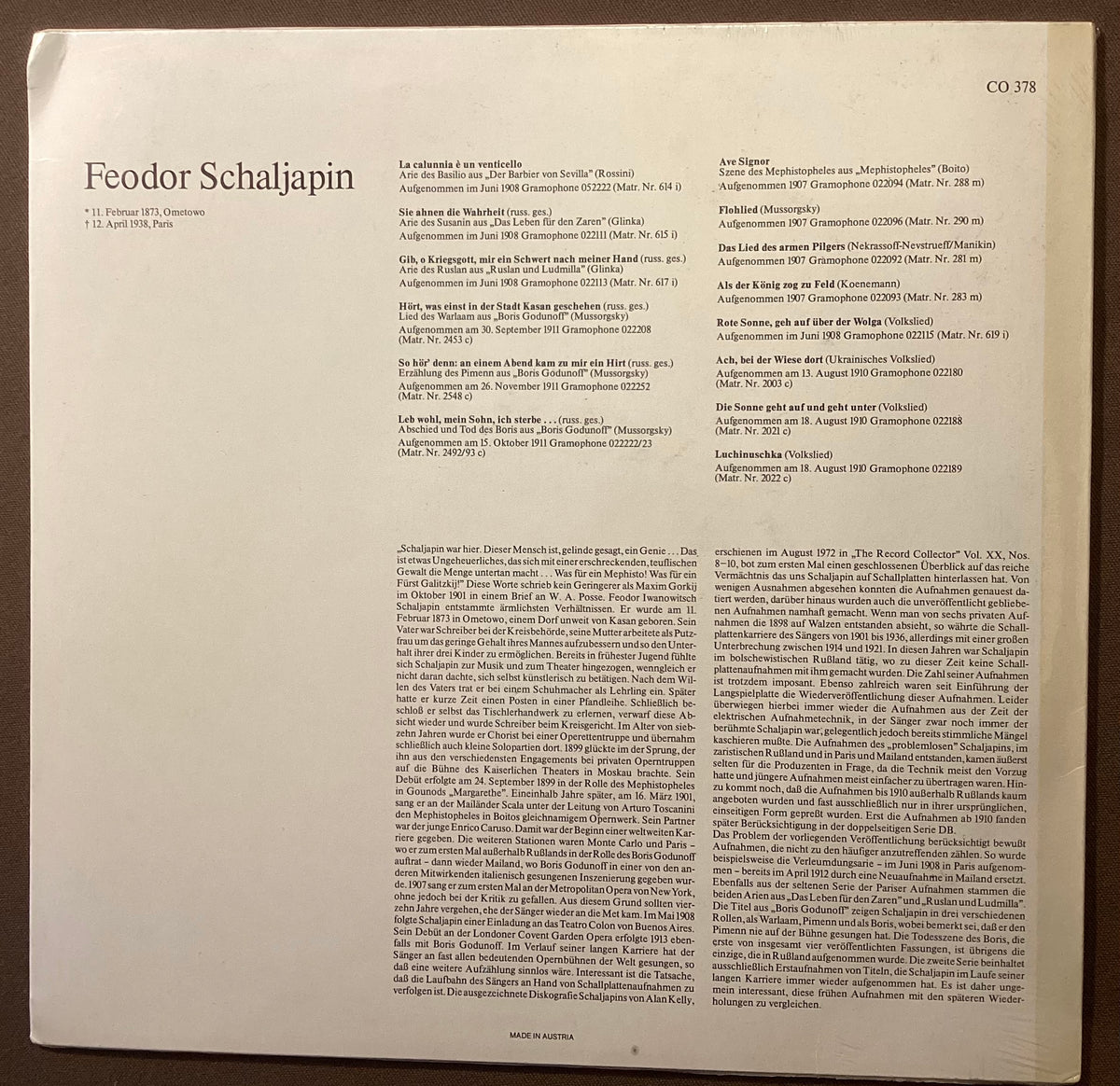 CHALIAPIN, Feodor – LP Court Opera Classics CO378: Feodor Schaljapin; M/NM