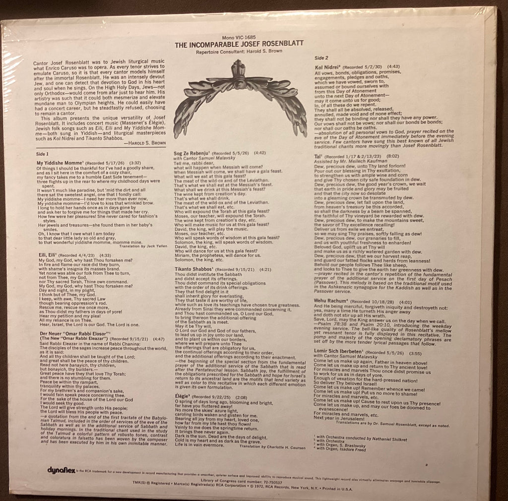 ROSENBLATT, Josef – LP RCA VIC-1685: The Incomparable Josef Rosenblatt; M/NM