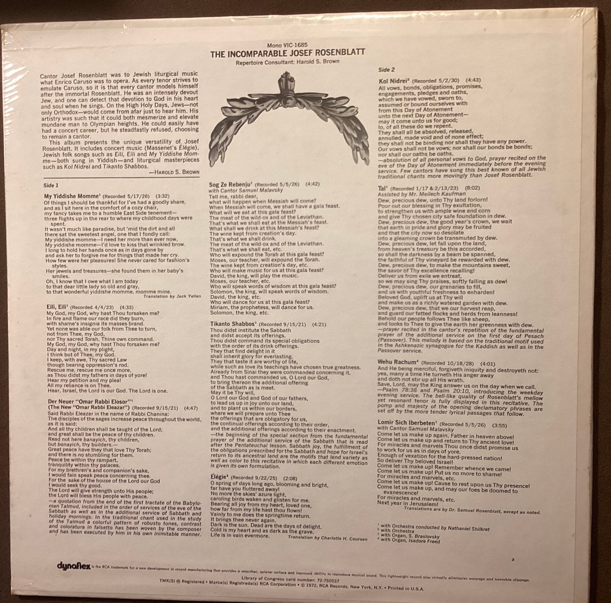 ROSENBLATT, Josef – LP RCA VIC-1685: The Incomparable Josef Rosenblatt; M/NM