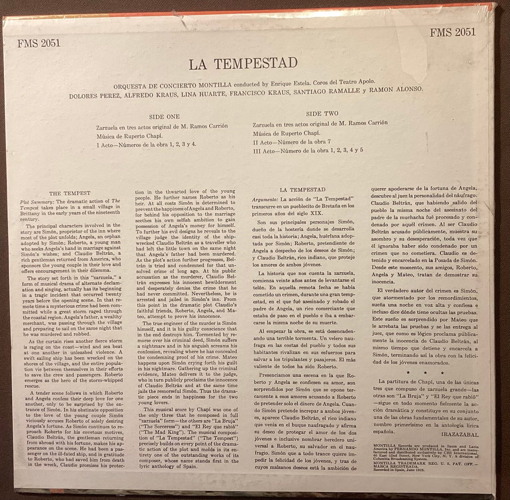 KRAUS, Alfredo et al – LP Montilla FMS2051: CHAPÍ La Tempestad; M/N