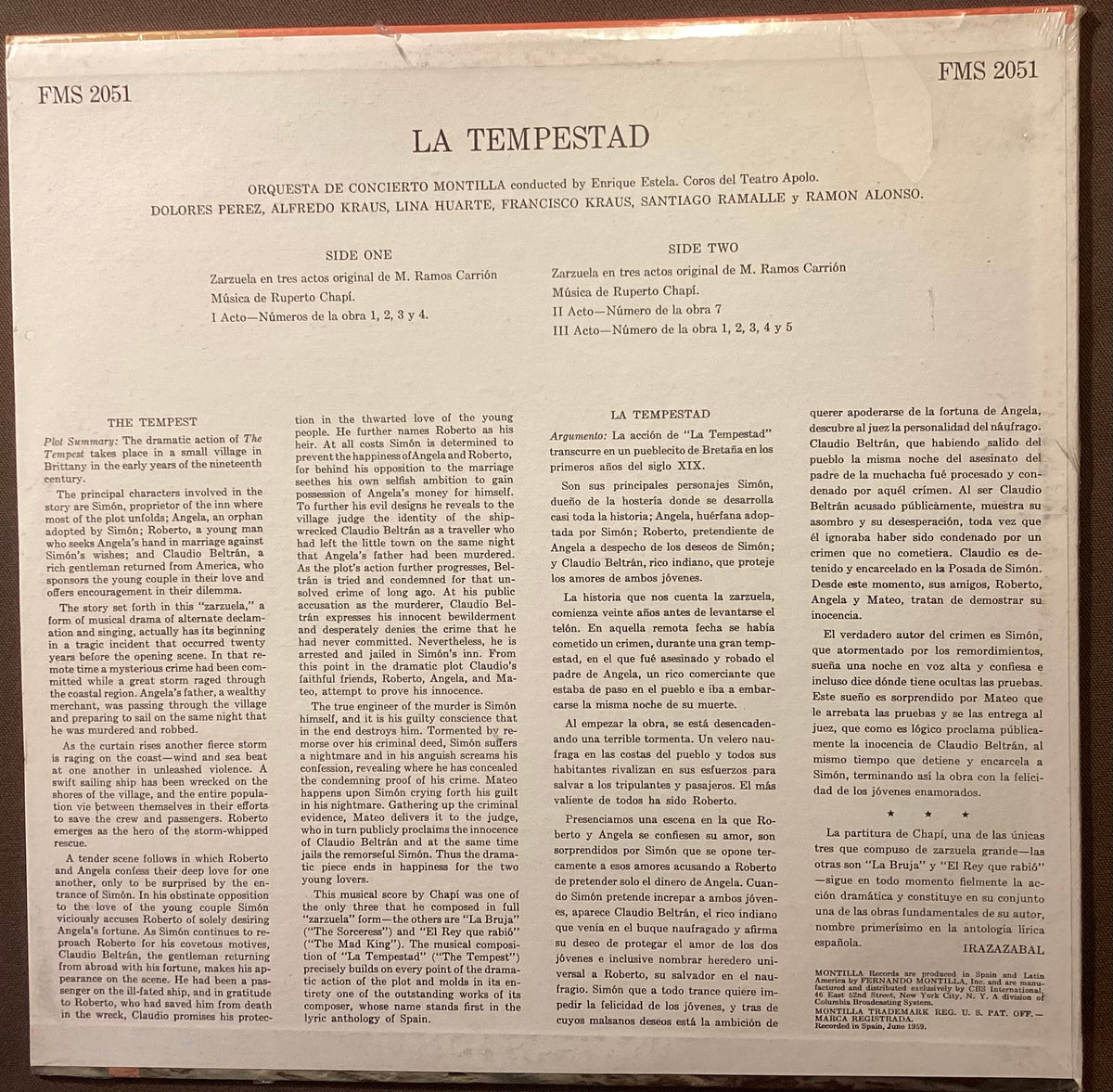KRAUS, Alfredo et al – LP Montilla FMS2051: CHAPÍ La Tempestad; M/N