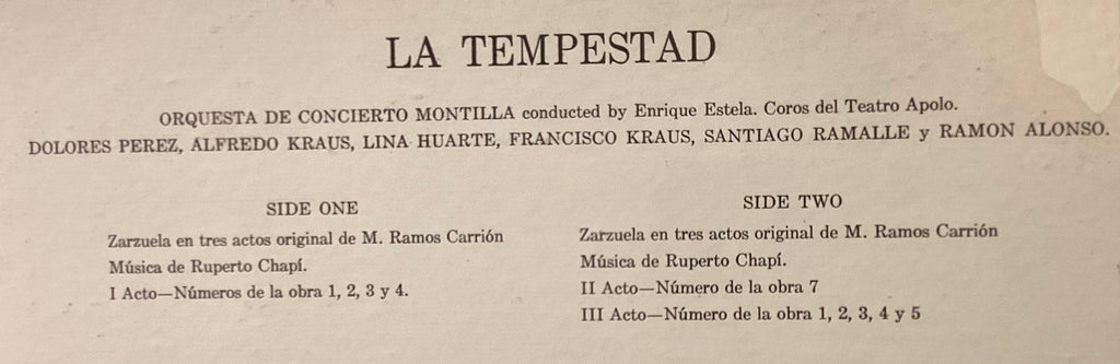 KRAUS, Alfredo et al – LP Montilla FMS2051: CHAPÍ La Tempestad; M/N