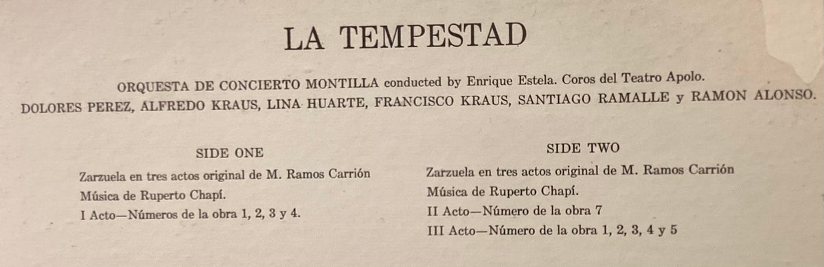 KRAUS, Alfredo et al – LP Montilla FMS2051: CHAPÍ La Tempestad; M/N