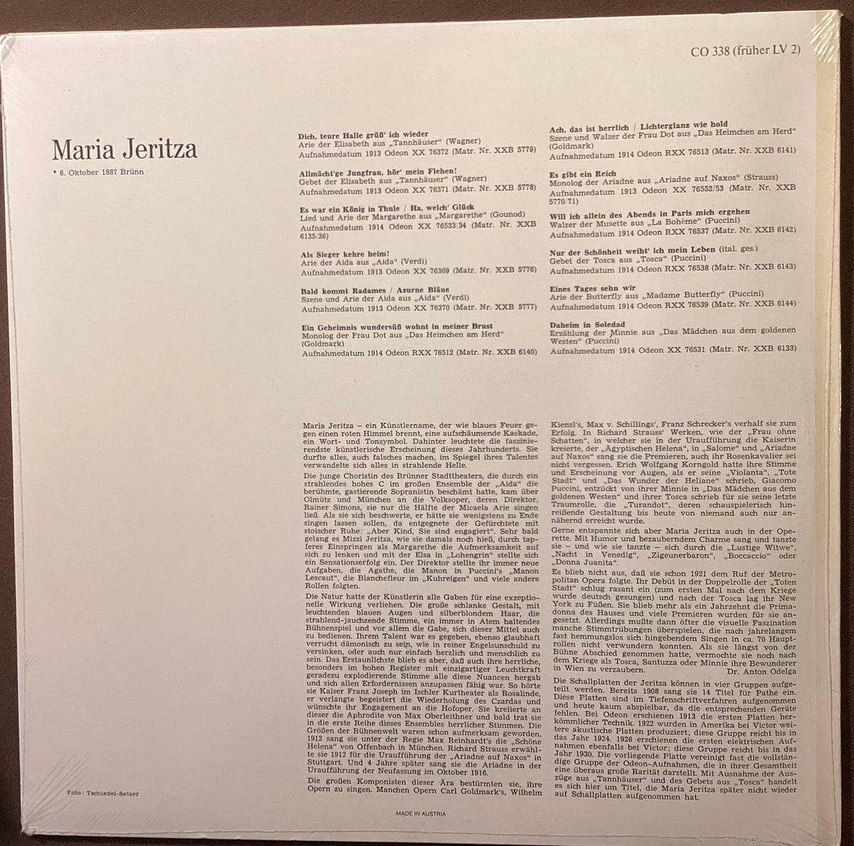 JERITZA, Maria – LP Court Opera Classics CO338: self titled; M/NM