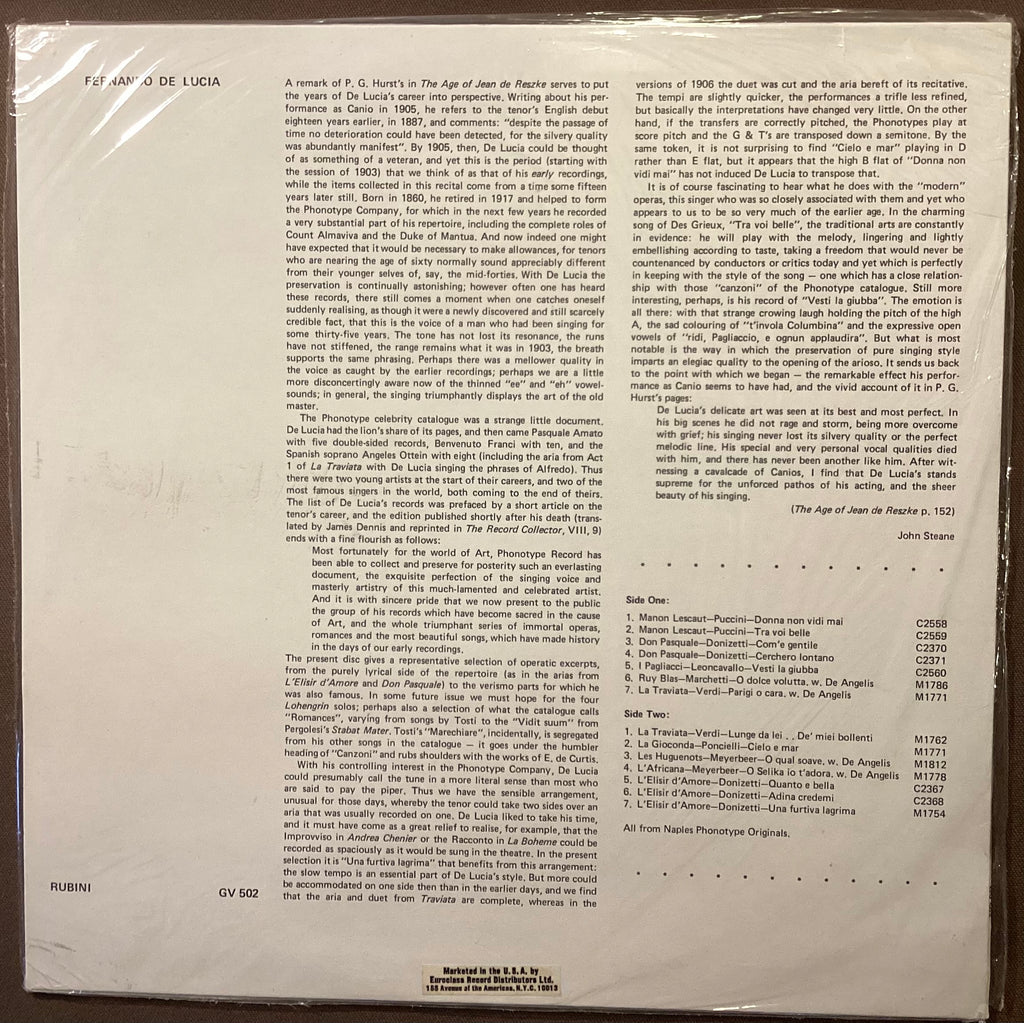 DE LUCIA, Fernando – LP Rubini GV502: Phonotypes; M/NM