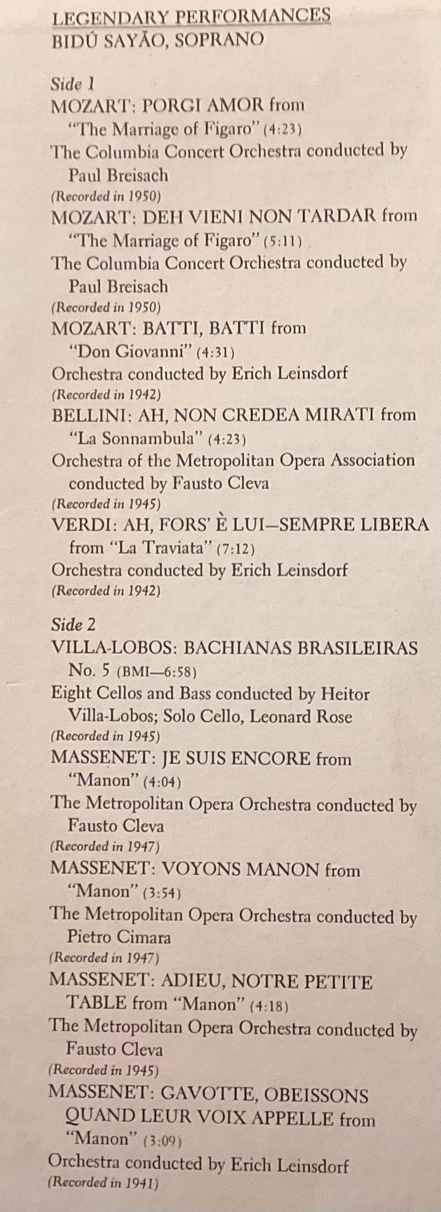 SAYÃO, Bidú – LP Columbia Odyssey 32 16 0377: VILLA-LOBOS Bachianas Brasileiras No 5; M/NM