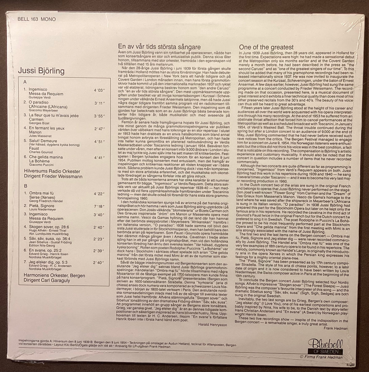 BJOERLING, Jussi – LP Bluebell 163: Live Holland 1939, Norway 1954; M/NM