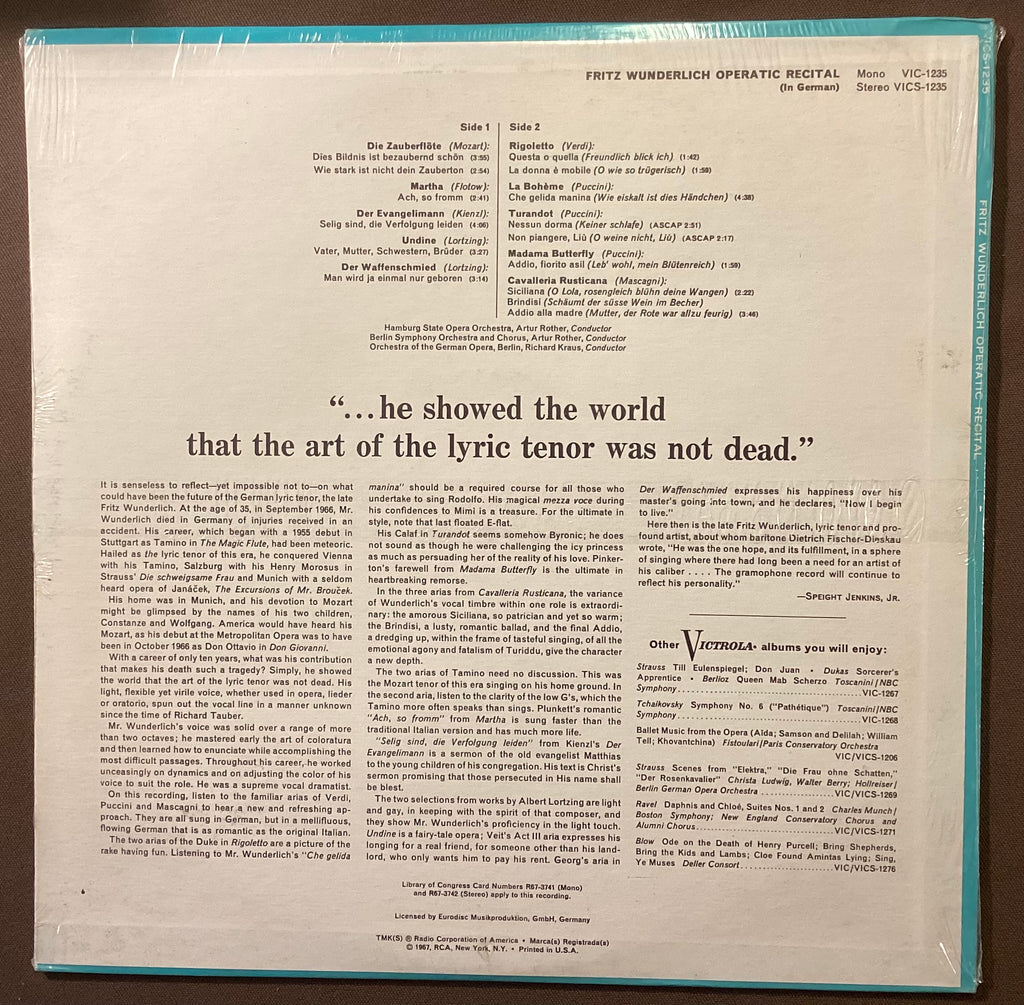 WUNDERLICH, Fritz – LP RCA VICS-1235: Operatic Recital; M/NM