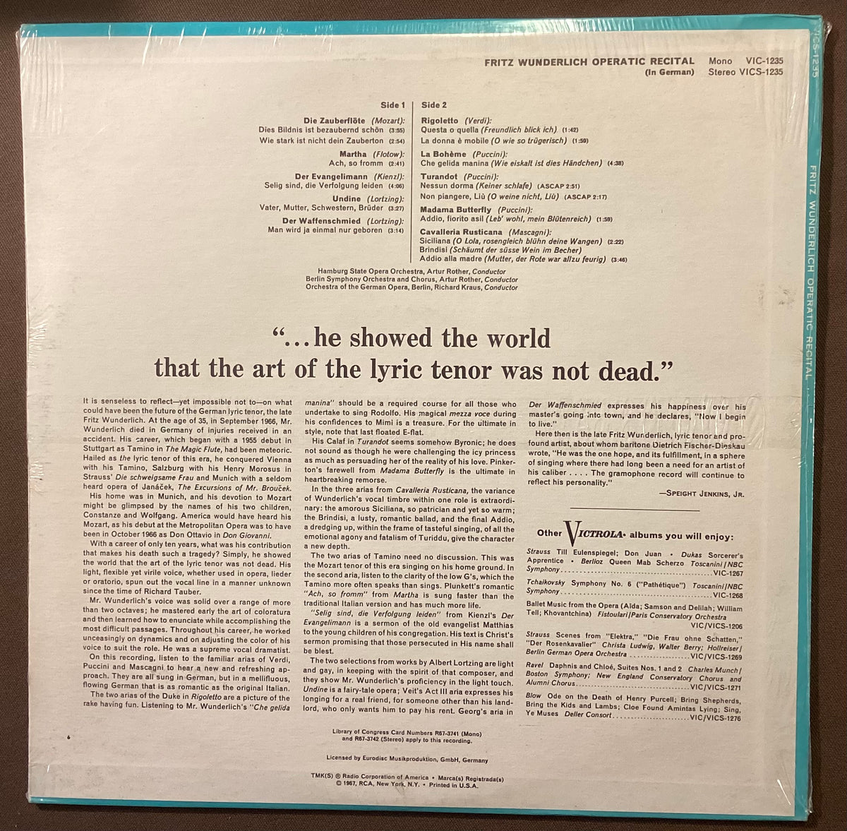 WUNDERLICH, Fritz – LP RCA VICS-1235: Operatic Recital; M/NM