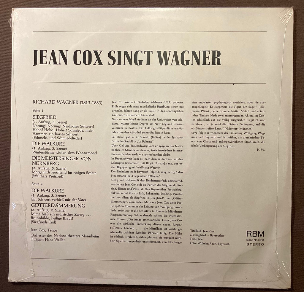 COX, Jean – LP RBM 3018: Jean Cox singt Wagner; M/NM  Disc in M condition, cover NM. In original shrink wrap.