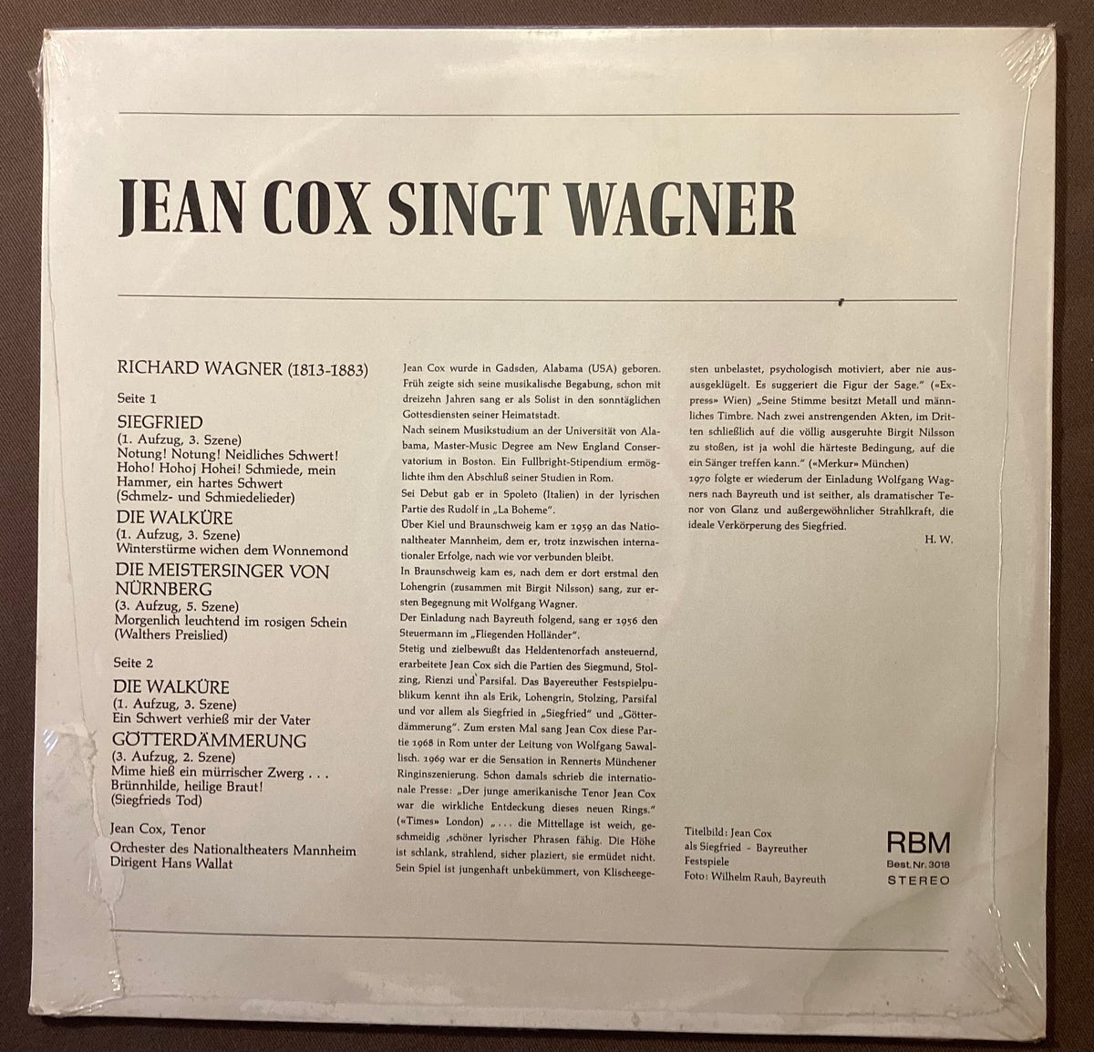 COX, Jean – LP RBM 3018: Jean Cox singt Wagner; M/NM  Disc in M condition, cover NM. In original shrink wrap.