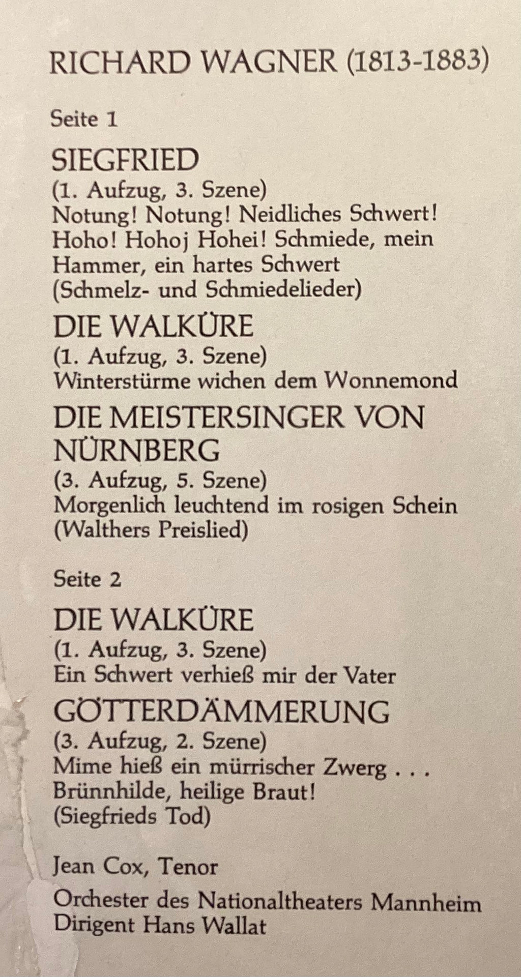 COX, Jean – LP RBM 3018: Jean Cox singt Wagner; M/NM  Disc in M condition, cover NM. In original shrink wrap.
