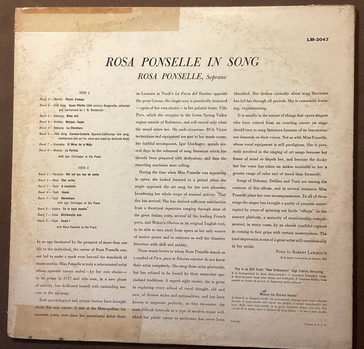 PONSELLE, Rosa - LP RCA Vic LM-2047: Rosa Ponselle in Song; E/V