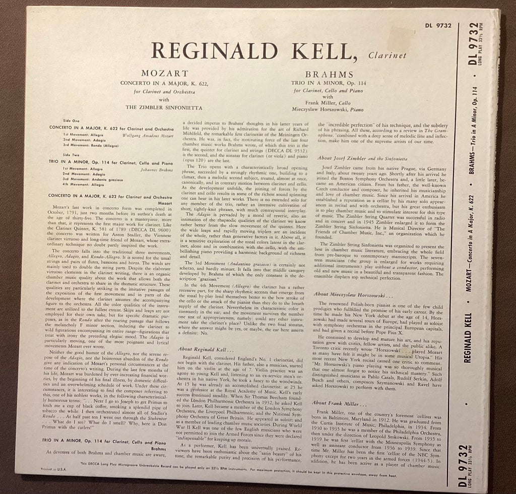 KELL, Reginald - LP Decca DL9732: MOZART Concerto in A, K622/BRAHMS Trio in Am Op 114; E/V+