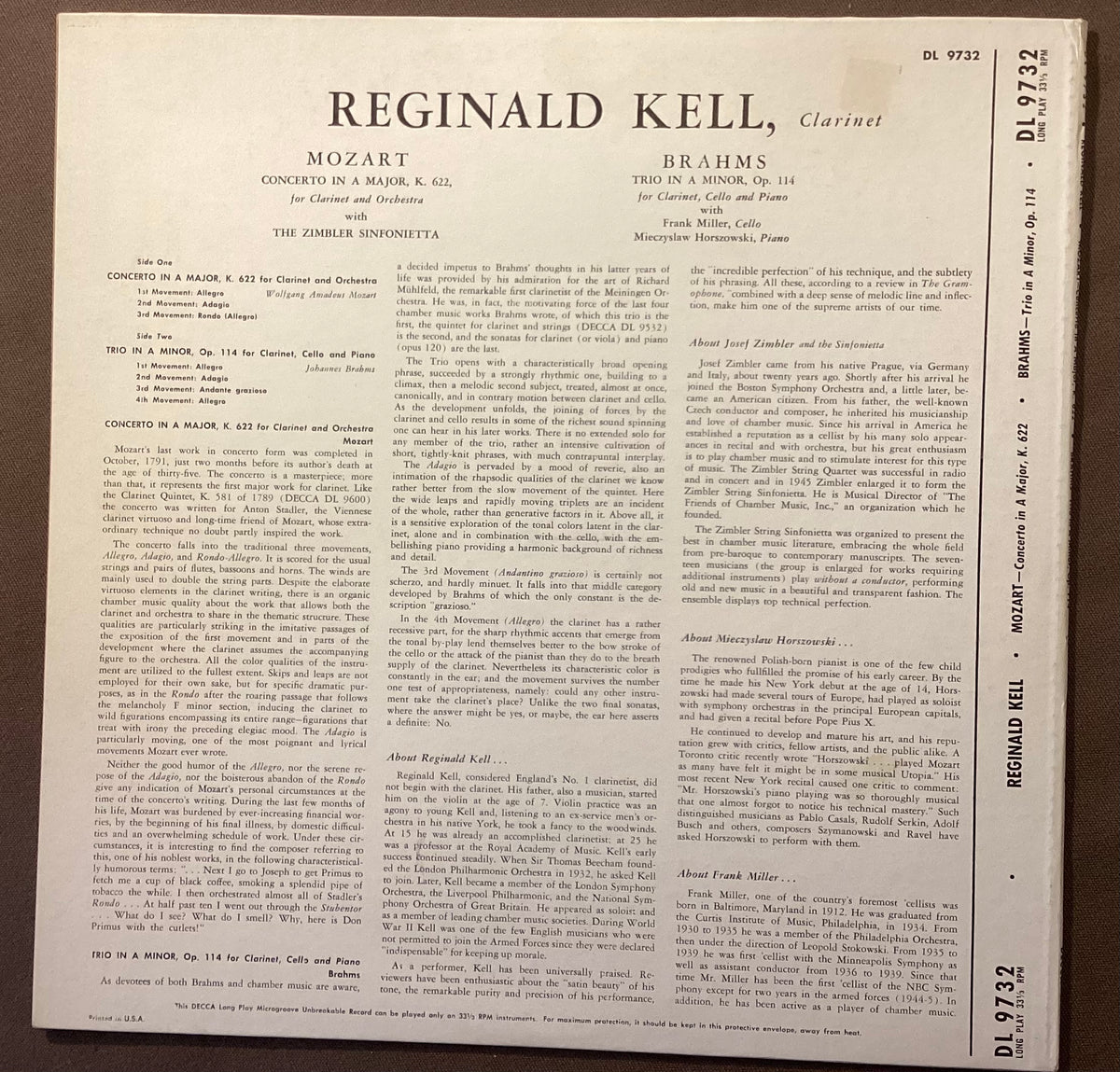 KELL, Reginald - LP Decca DL9732: MOZART Concerto in A, K622/BRAHMS Trio in Am Op 114; E/V+