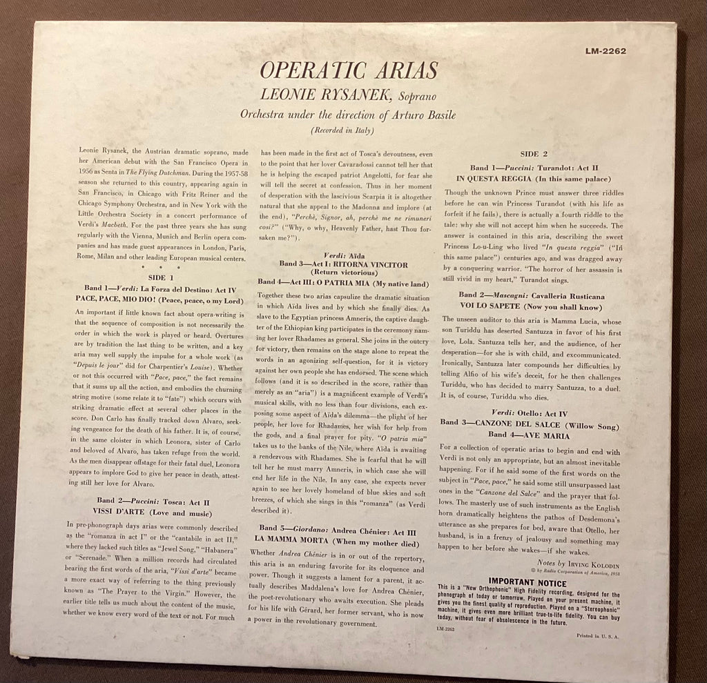 RYSANEK, Leonie - LP RCA Vic LM-2262: Operatic Arias; E/V+