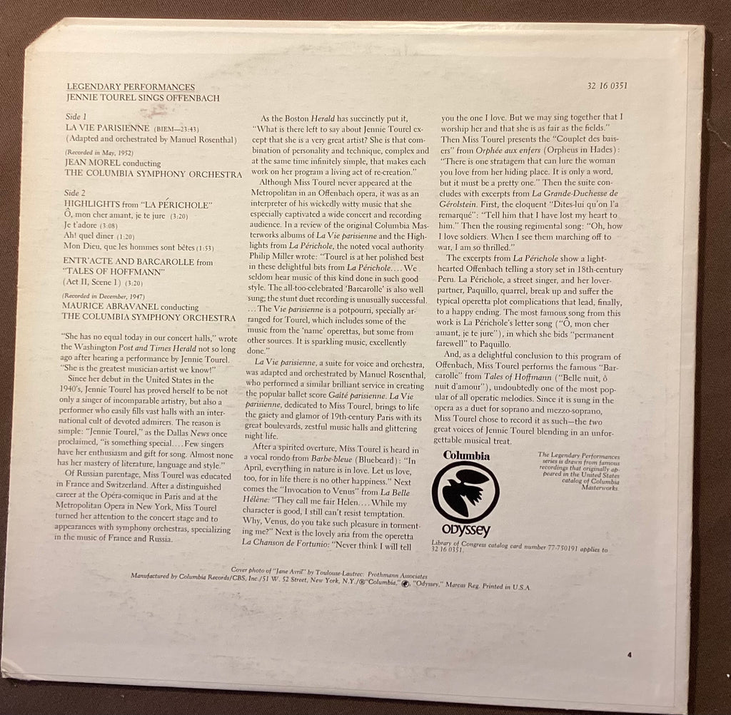 TOUREL, Jennie - LP Columbia Odyssey 32 16 0351: Jennie Tourel sings Offenbach; E/V+