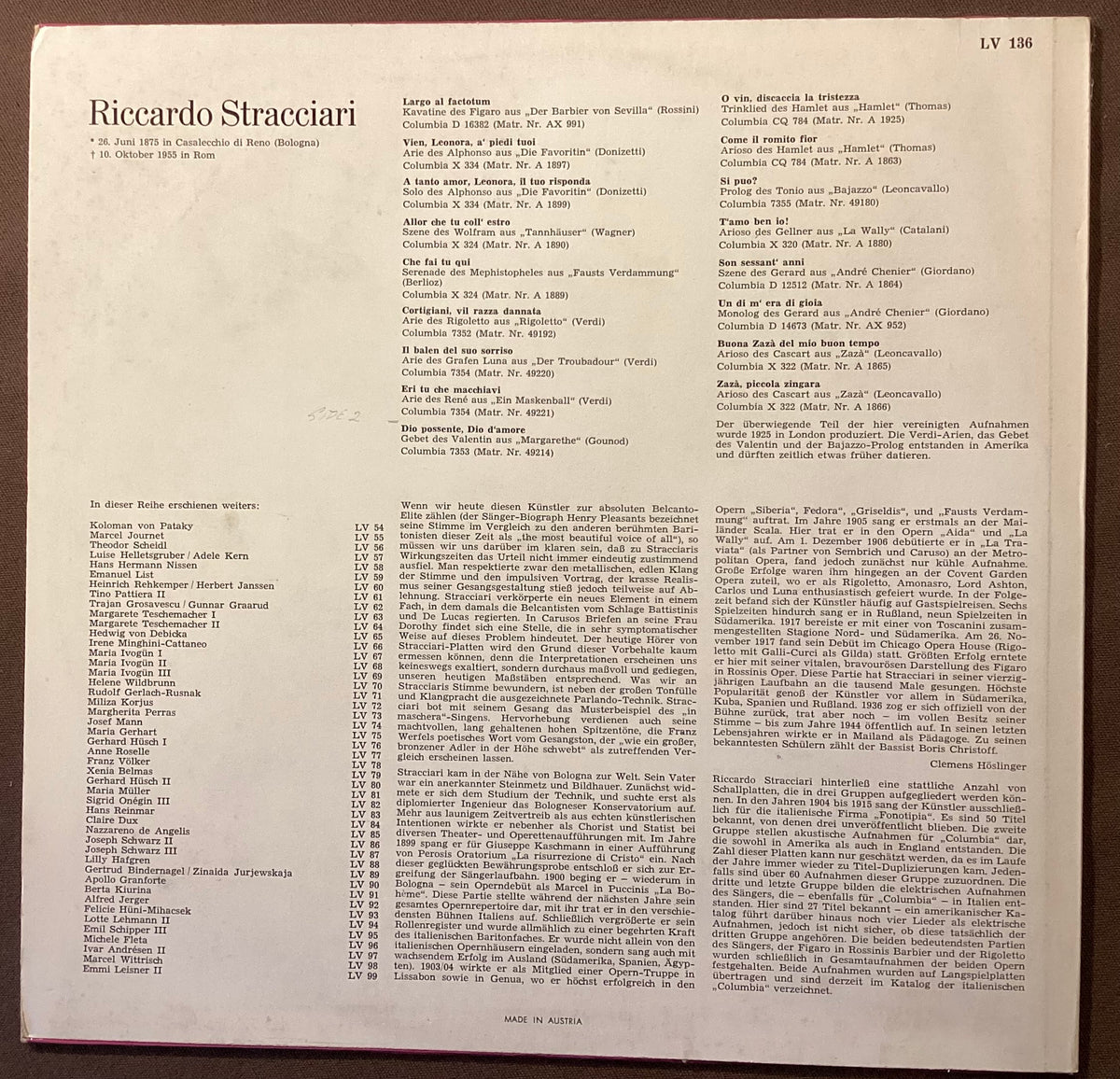 STRACCIARI, Riccardo - LP Lebendige Vergangenheit LV136: self-titled; E/V+