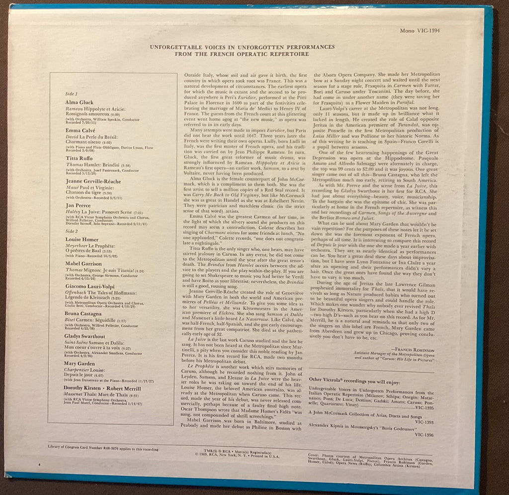 VARIOUS – LP RCA VIC-1394: Unforgettable Voices in Unforgotten Performances from the French Operatic Repertoire; E/E
