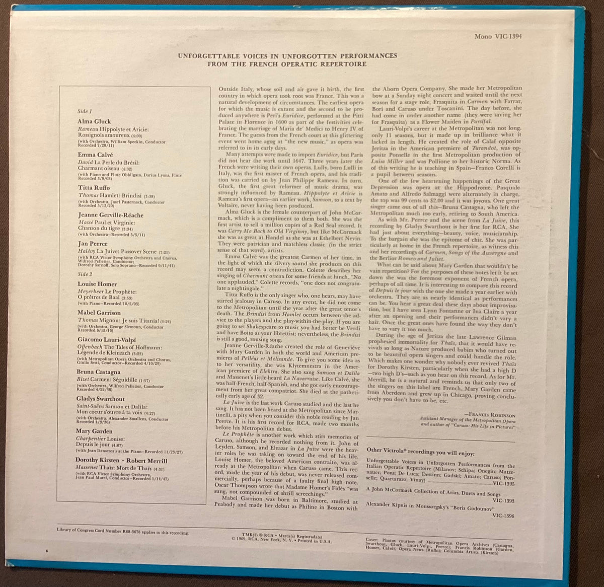 VARIOUS – LP RCA VIC-1394: Unforgettable Voices in Unforgotten Performances from the French Operatic Repertoire; E/E