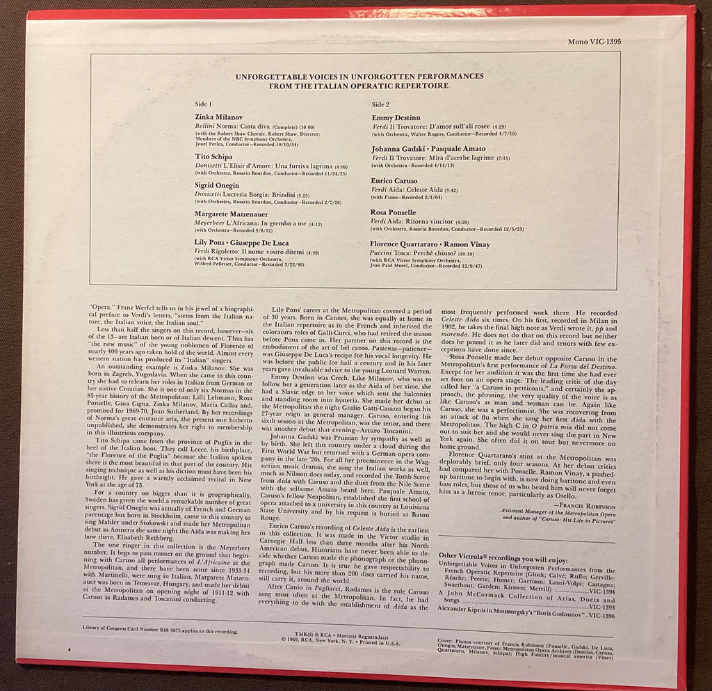 VARIOUS – LP RCA VIC-1395: Unforgettable Voices in Unforgotten Performances from the Italian Operatic Repertoire; E/V+