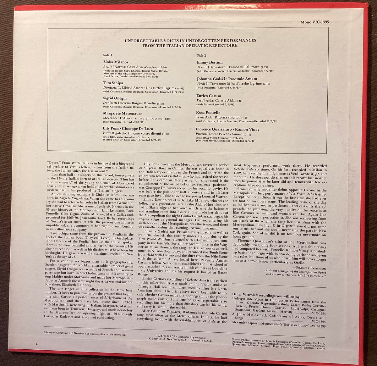 VARIOUS – LP RCA VIC-1395: Unforgettable Voices in Unforgotten Performances from the Italian Operatic Repertoire; E/V+