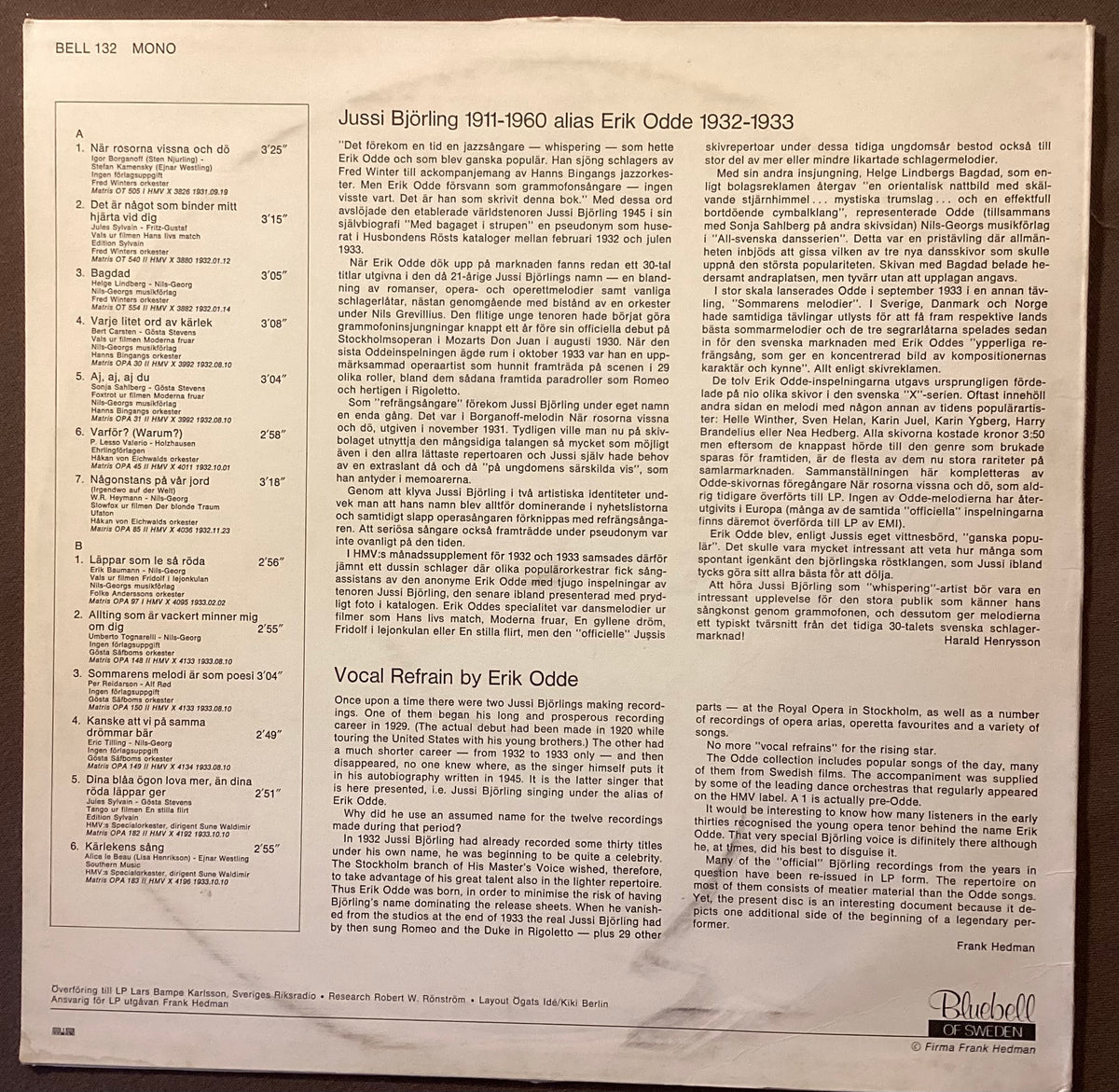 BJÖRLING, Jussi - LP Bluebell 132: alias Erik Odde; E/V