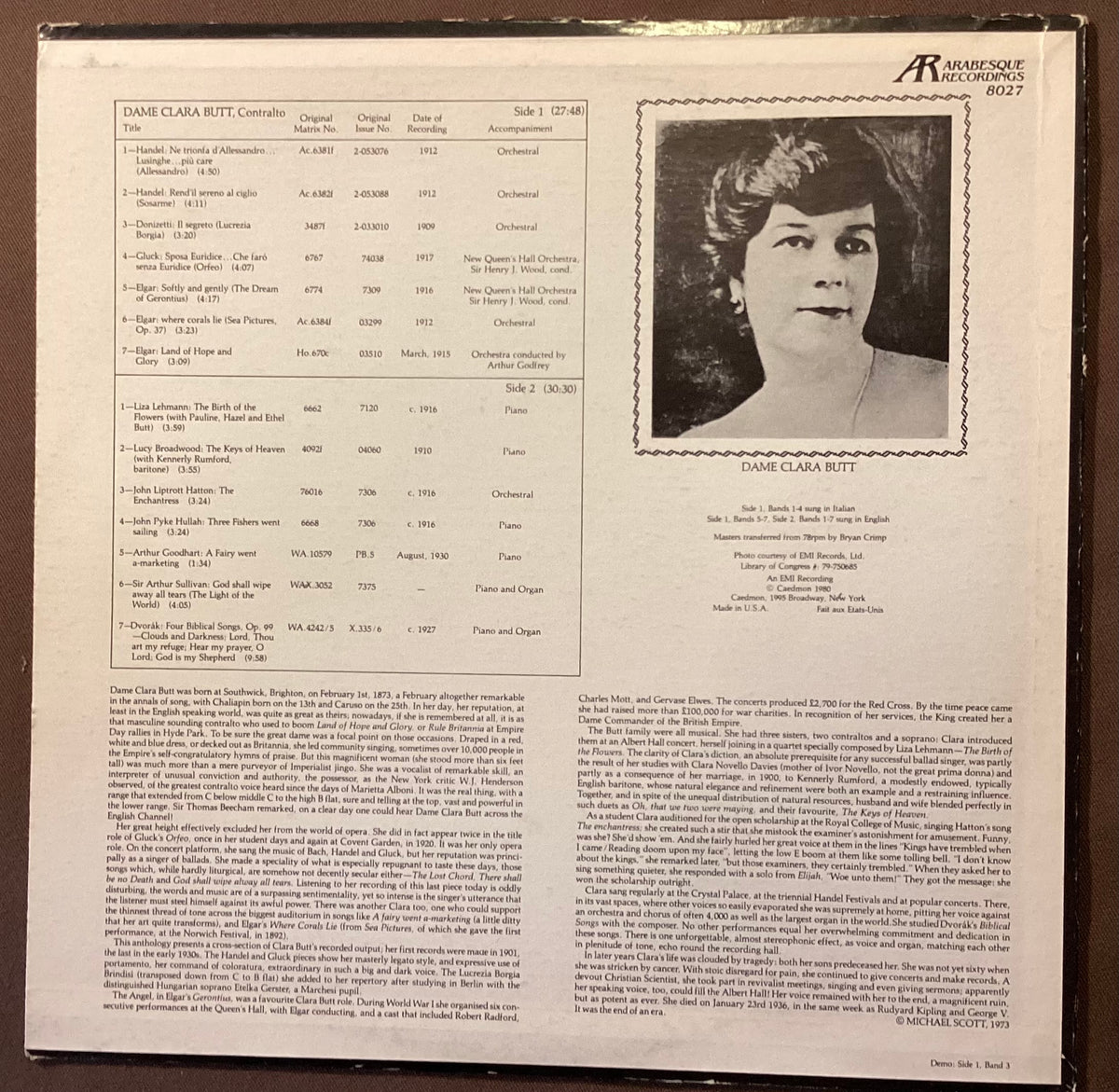 BUTT, Dame Clara - LP Arabesque 8027: Opera Arias and Songs; E/V+