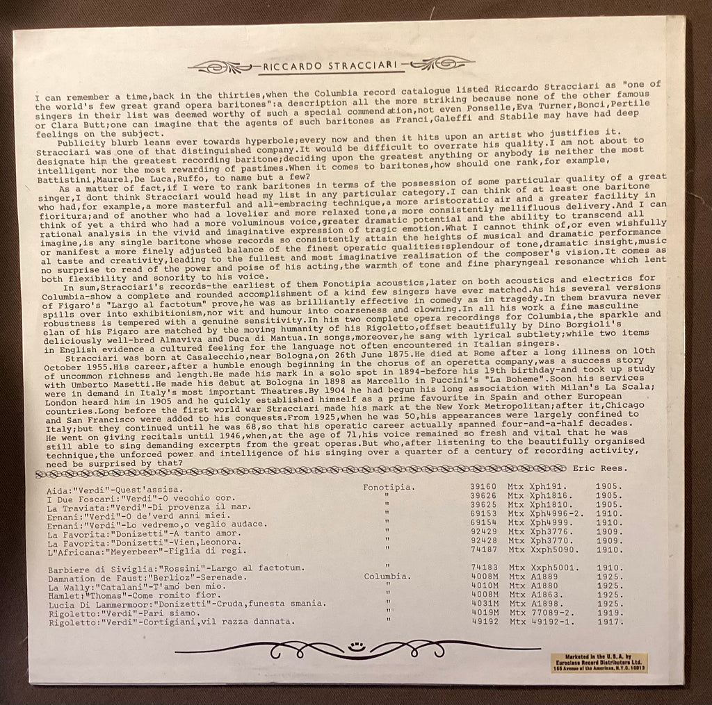 STRACCIARI, Riccardo - LP Rubini GV501: self-titled; E/V+